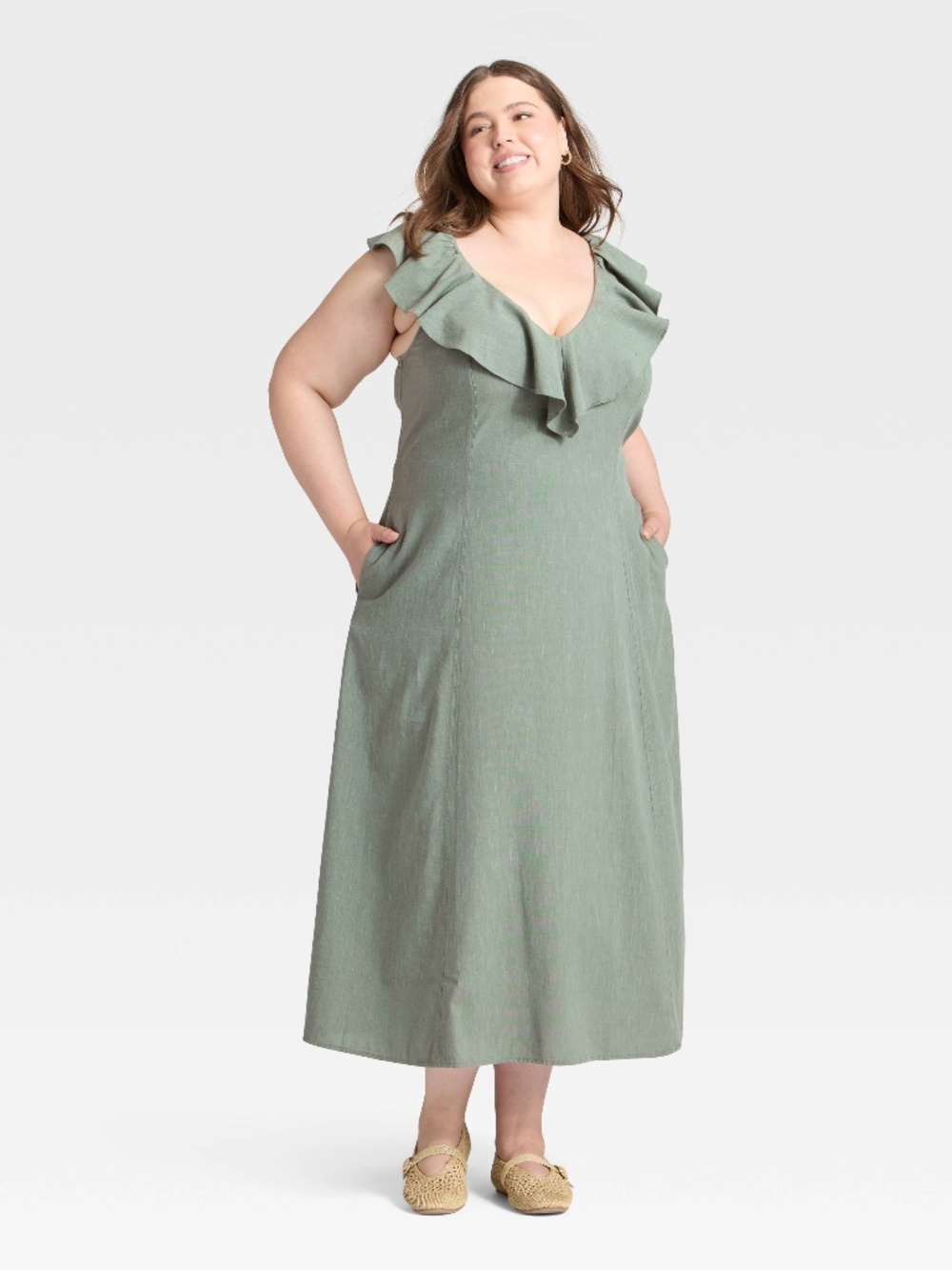 Ruffle Maxi A-Line Dress - Green XXL